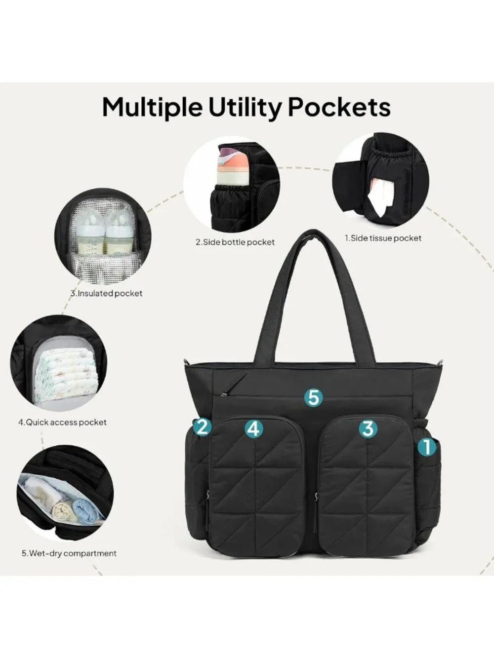 Quilted Puffer Diaper Bag Tote, Lightweight Baby Bag with Insulated Pockets